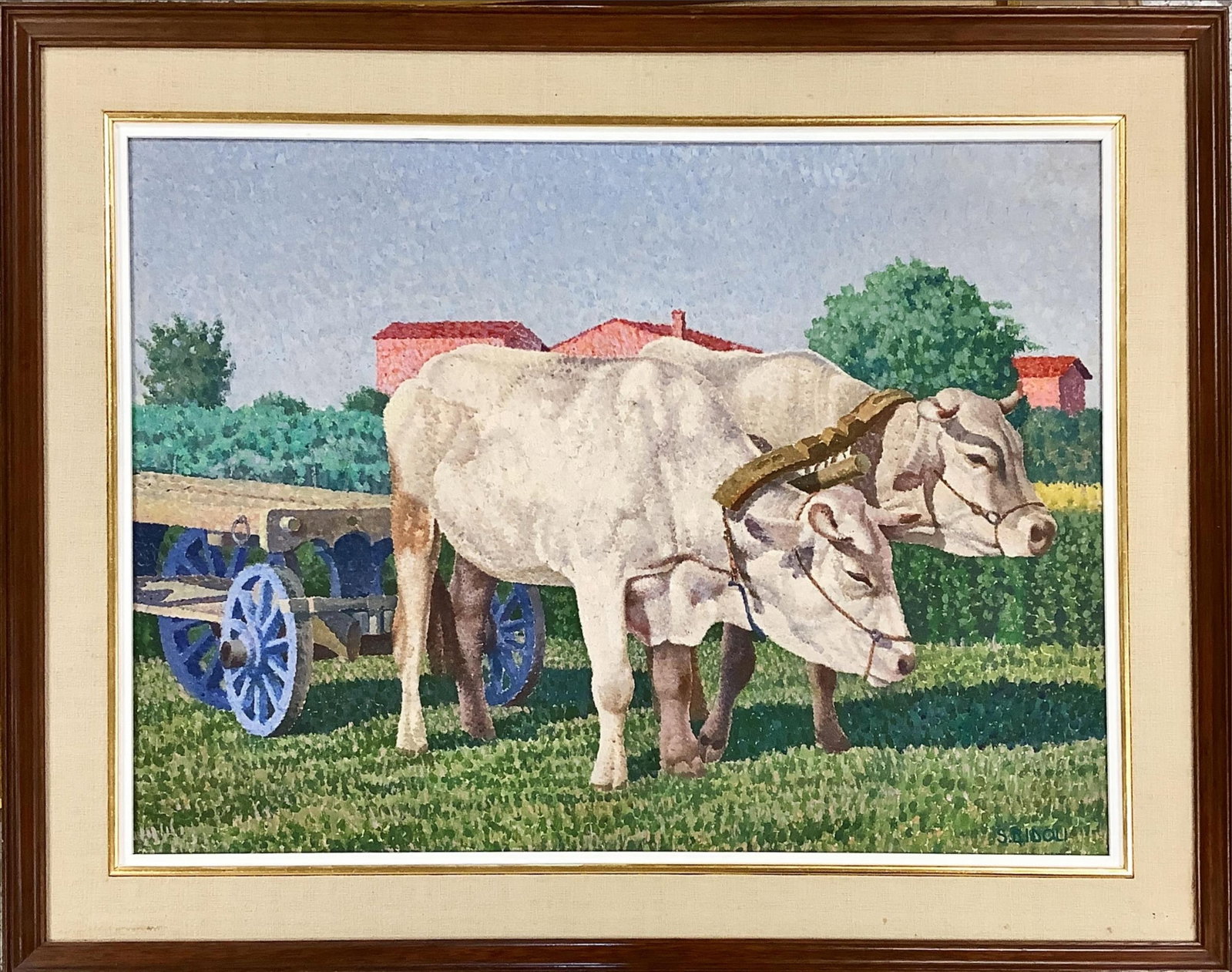 Original Painting of Yoked Oxen Painting measures 23" x 16.5"; frame measures 28.5" x 22".: Original Painting of Yoked Oxen Appears to be acrylic paint on board using a "pointillist" technique of placing dots of different colors and tones side by side so the eye and mind blend the colors whe