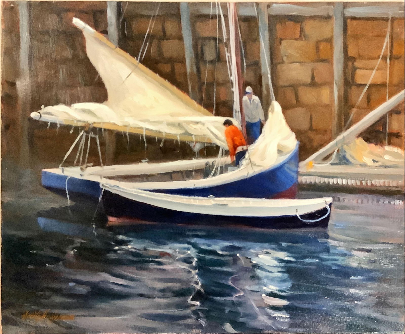 Fritz Hoffman Oil Painting "Lowering the Mast" Measures 18" x 14".: Fritz Hoffman Oil Painting "Lowering the Mast"Original signed oil painting (unframed) stretched canvas of a few people lowering the mast to a sail boat.Fritz Hoffman was an Ohio artist who lived 1930-