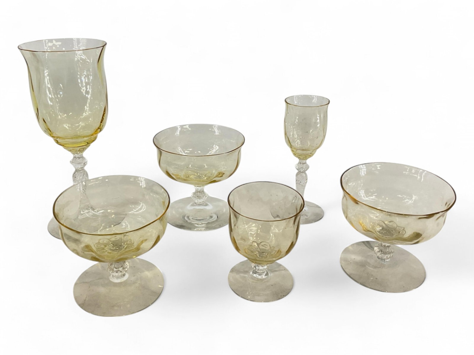 Heisey Lot of Six #3381 Creole Sahara Items, see description below: Heisey Lot of Six #3381 Creole Sahara Items, see description below #3381 Diamond Optic Short Stem Goblet with Crystal Stem And Foot Diamond Optic Bowl (1) #3381 Diamond Optic Bowl 2 1/2oz Wine with Cr