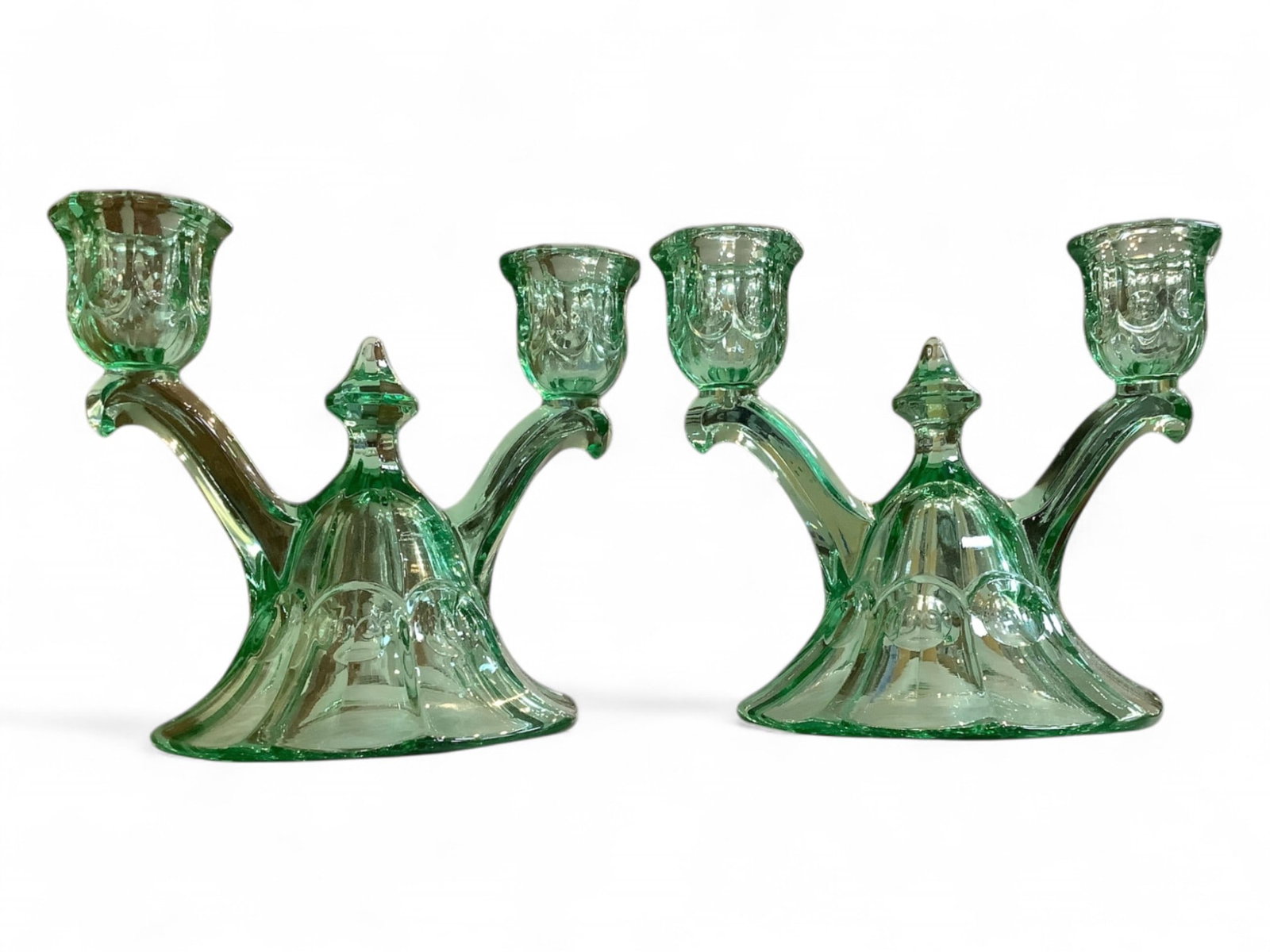 Heisey Pair of #1433 Thumbprint and Panel Moongleam Candlesticks (1 of 3)