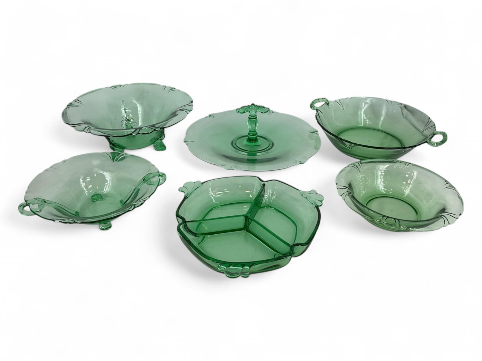 Heisey Lot of #1401 Empress Moongleam Round see description: Heisey Lot of #1401 Empress Moongleam Round see description 12.5" Round T Handled Snack Plate 10.5" Ground Two Handled Salad Bowl H 10.75" Dolphin Footed Floral Bowl H 9" Floral Rolled Edge Bowl 