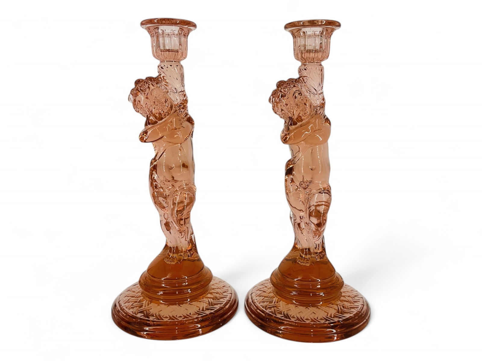 Heisey Pair #111 Cherub 11.5" Flamingo One Light Candlesticks (1 of 2)