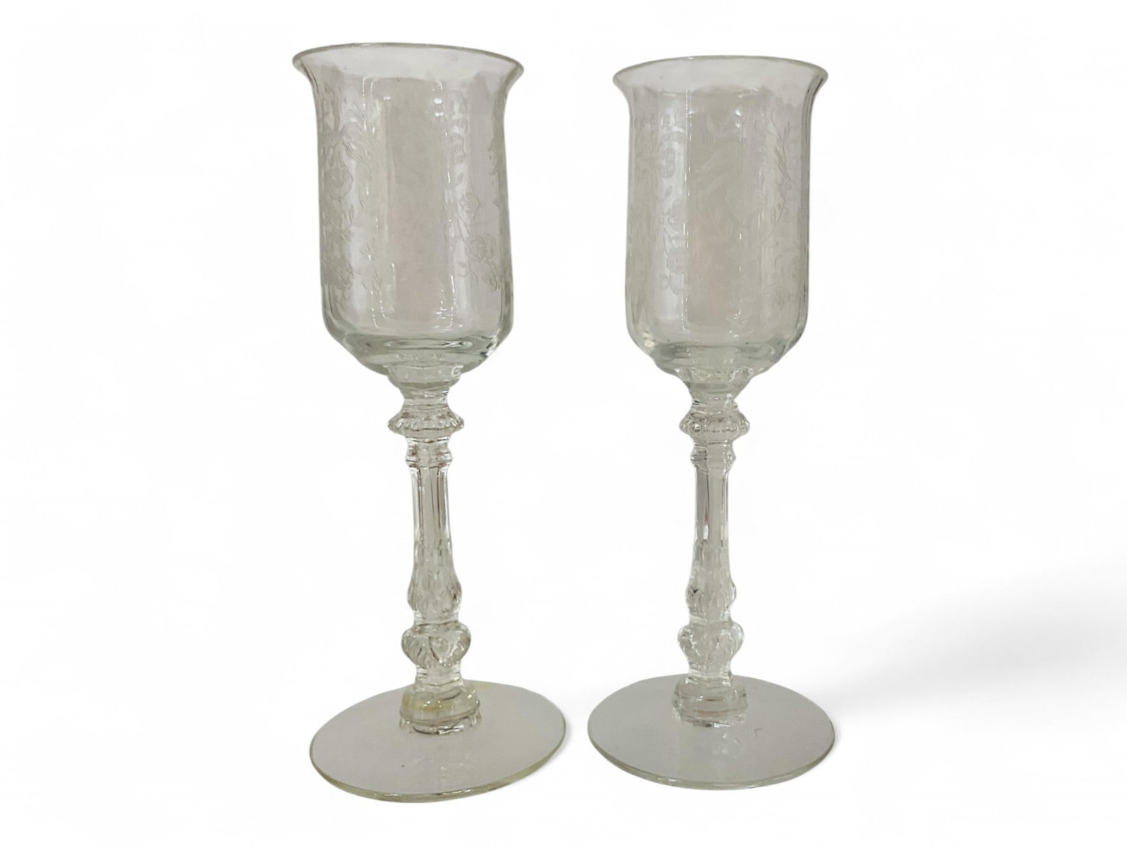 Heisey Pair of #5022 Graceful 1oz Cordials Orchid Etched: Heisey Pair of #5022 Graceful 1oz Cordials Orchid Etched