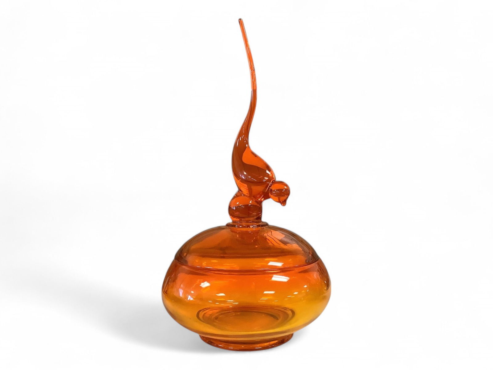 Viking Glass Long Tailed Bird Persimmon Orange Covered Candy Dish 12" Tall (1 of 3)