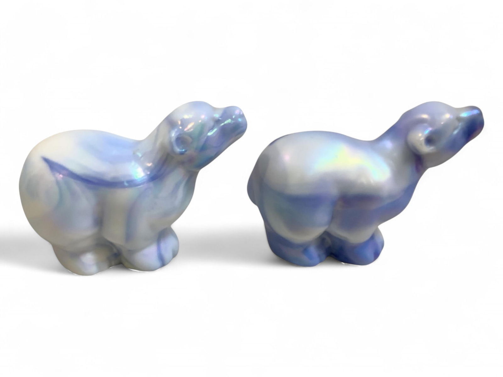 Two Fenton Iridescent Lavender Blue Slag Glass Polar Bear Figurines. 4" W x 3.5" T (1 of 2)