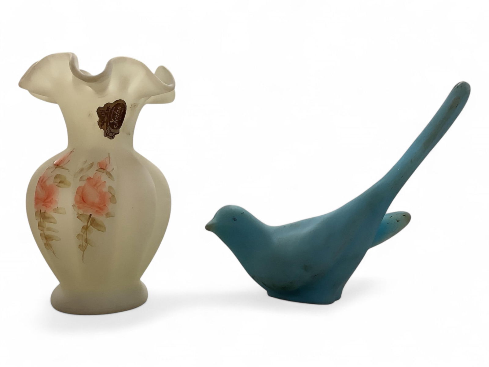 Fenton Blue Satin Figurine and Custard Glass Vase with Original Label Vase is 5.5" tall (1 of 1)