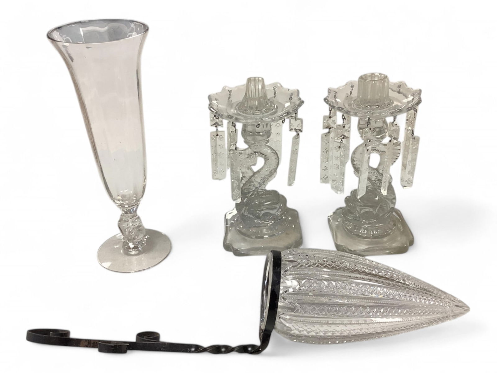 Glass and Wrought Iron Wall Vase, Pair of single Light Dolphin Base Candlesticks with Prisms & Tall (1 of 5)
