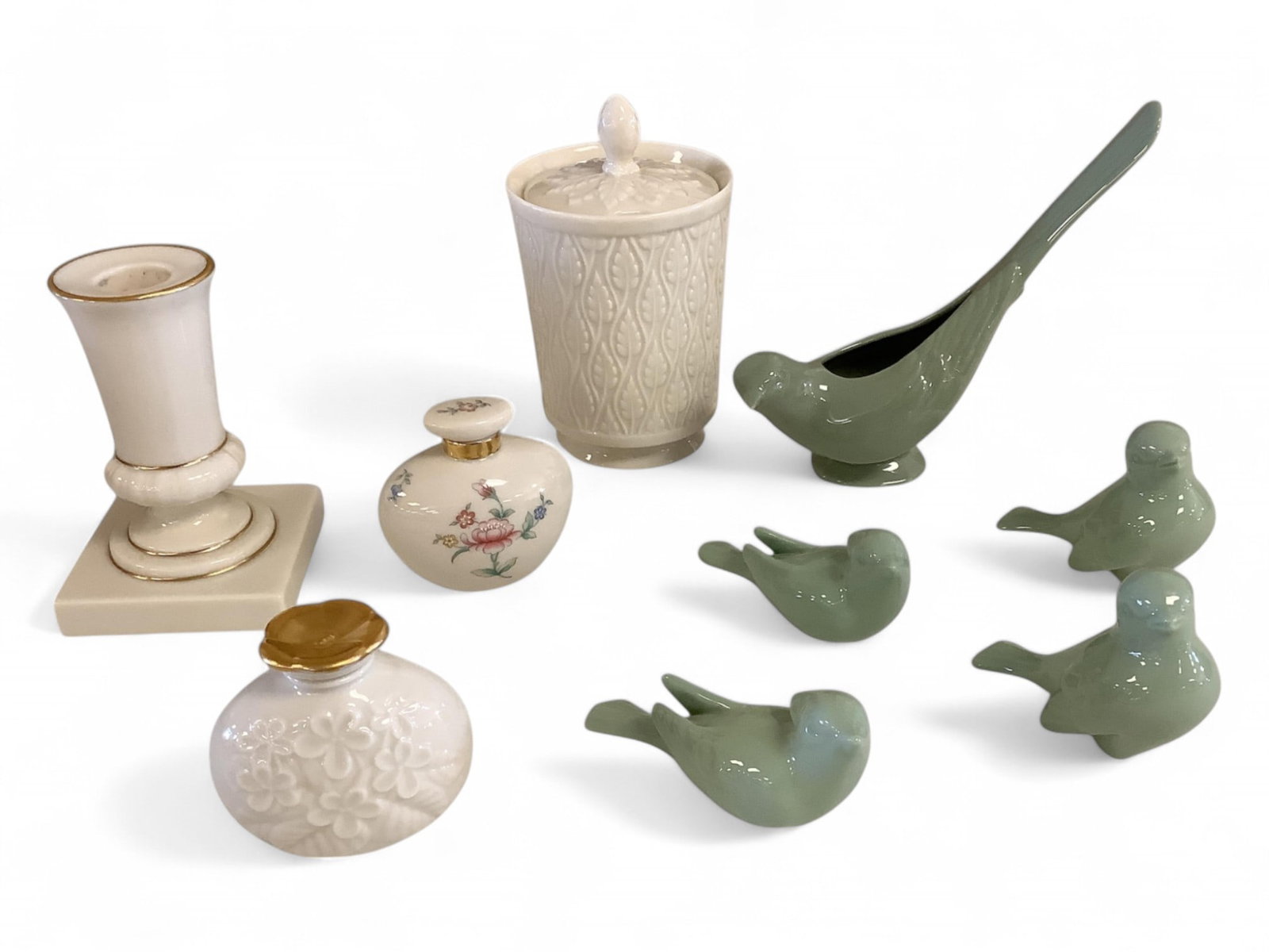 Lenox Celadon Green Birds, Floral Garden Perfume Bottles: Lenox Celadon Green Birds, Floral Garden Perfume Bottles Sugar bowl with leaf and acorn decorations.