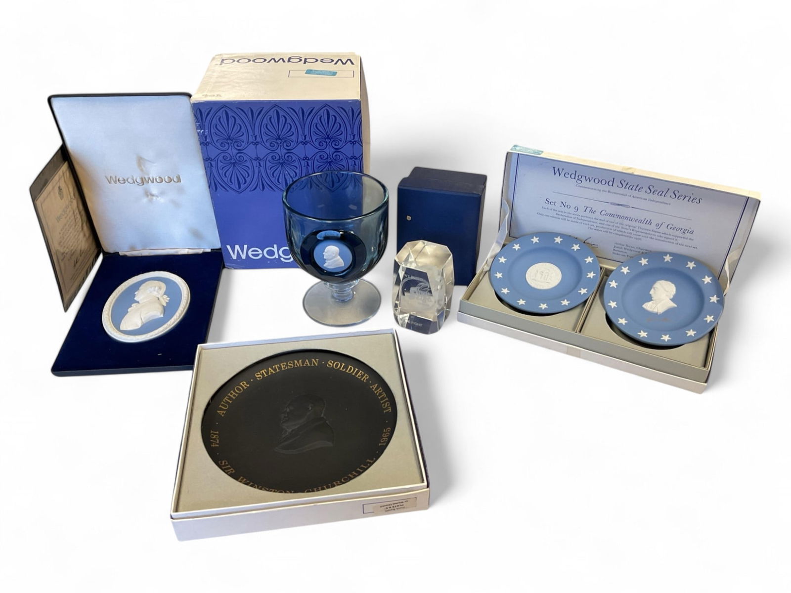 Wedgwood Commemorative Glass and Jasperware all in Original Packaging: Wedgwood Commemorative Glass and Jasperware all in Original PackagingPair of Compotiers Jasper, Georgia and HallCommemorate Bicentennial of Josiah Wedgwood Medallion #805 of 1,000Paperweight We build