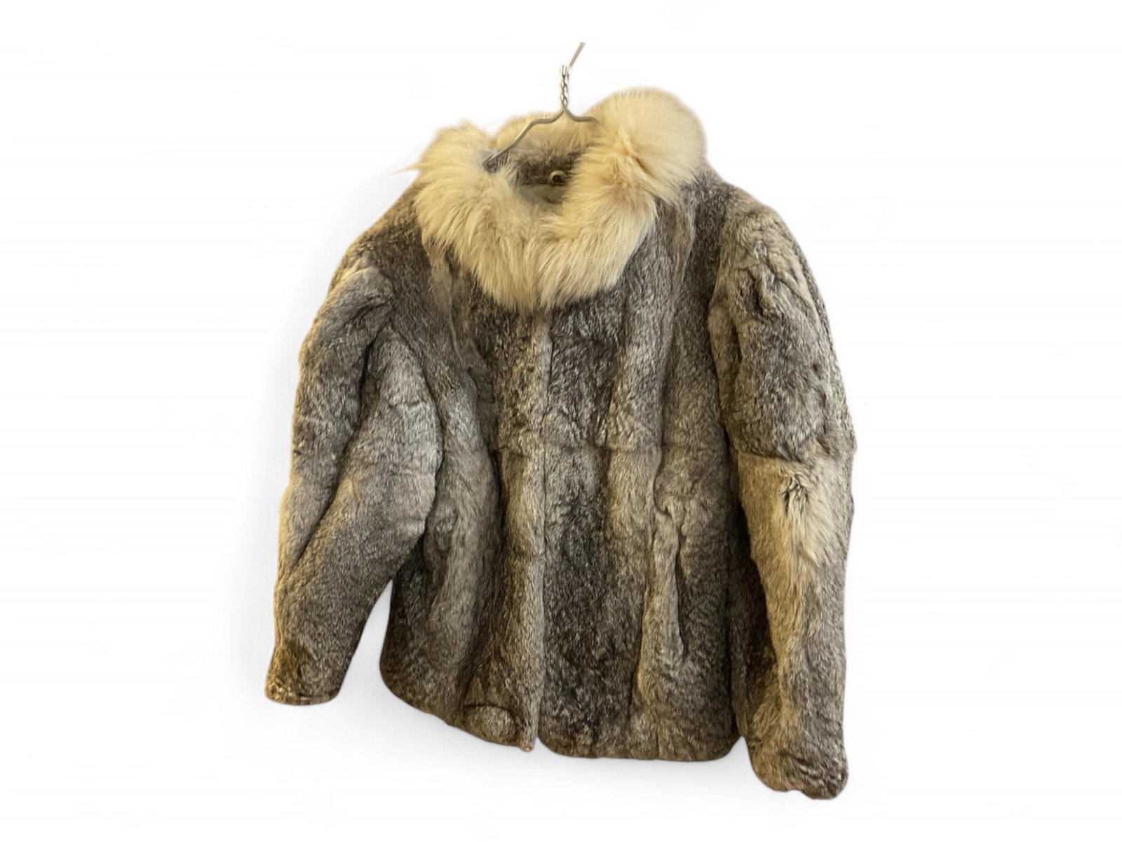 Rabbit Fur Jacket distributed by Mademoiselle Size small: Rabbit Fur Jacket distributed by Mademoiselle Jacket has (2) latch hooks in the front and puff sleeves.The coat is 23" collar to hem. Size small