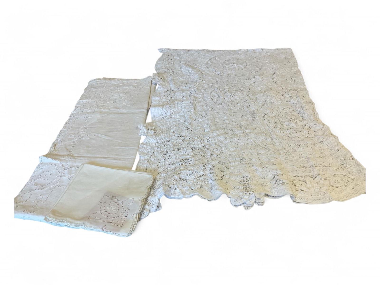 Cream Hand Embroidery Linen Table Cloth and White Crocheted Tablecloth (1 of 2)