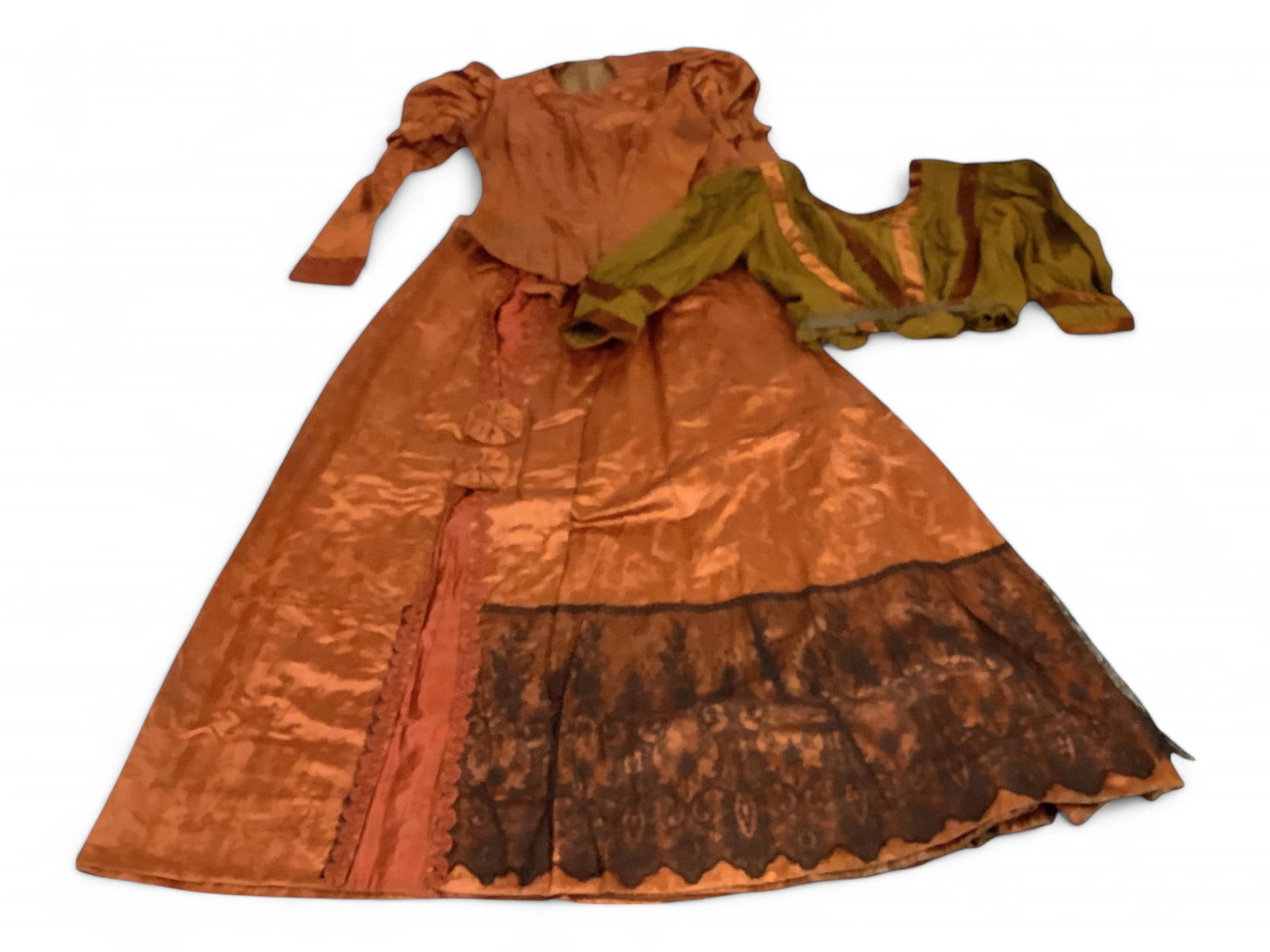 Antique Rust Satin & Black Lace Rust Skirt & Blouse: Antique Rust Satin & Black Lace Rust Skirt & Blouse Also includes additional green blouse with rust velvet ribbons.