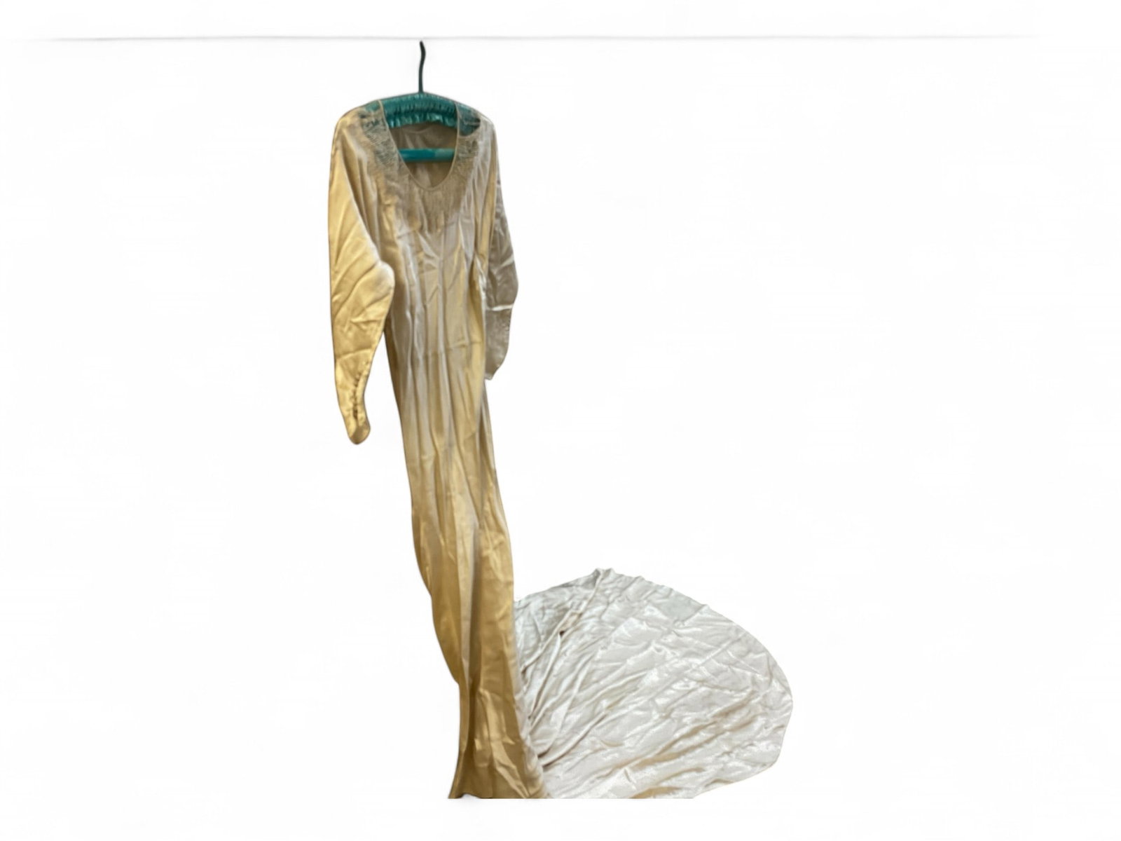 Wedding Dress Cream Color Silk and Beaded.: Wedding Dress Cream Color Silk and Beaded. Dress length is 58" long with train 50" long x 50" wide.Bust 16" width. Snaps and hooks on side of dress. Beading around neck line.Tears and some miss bead a