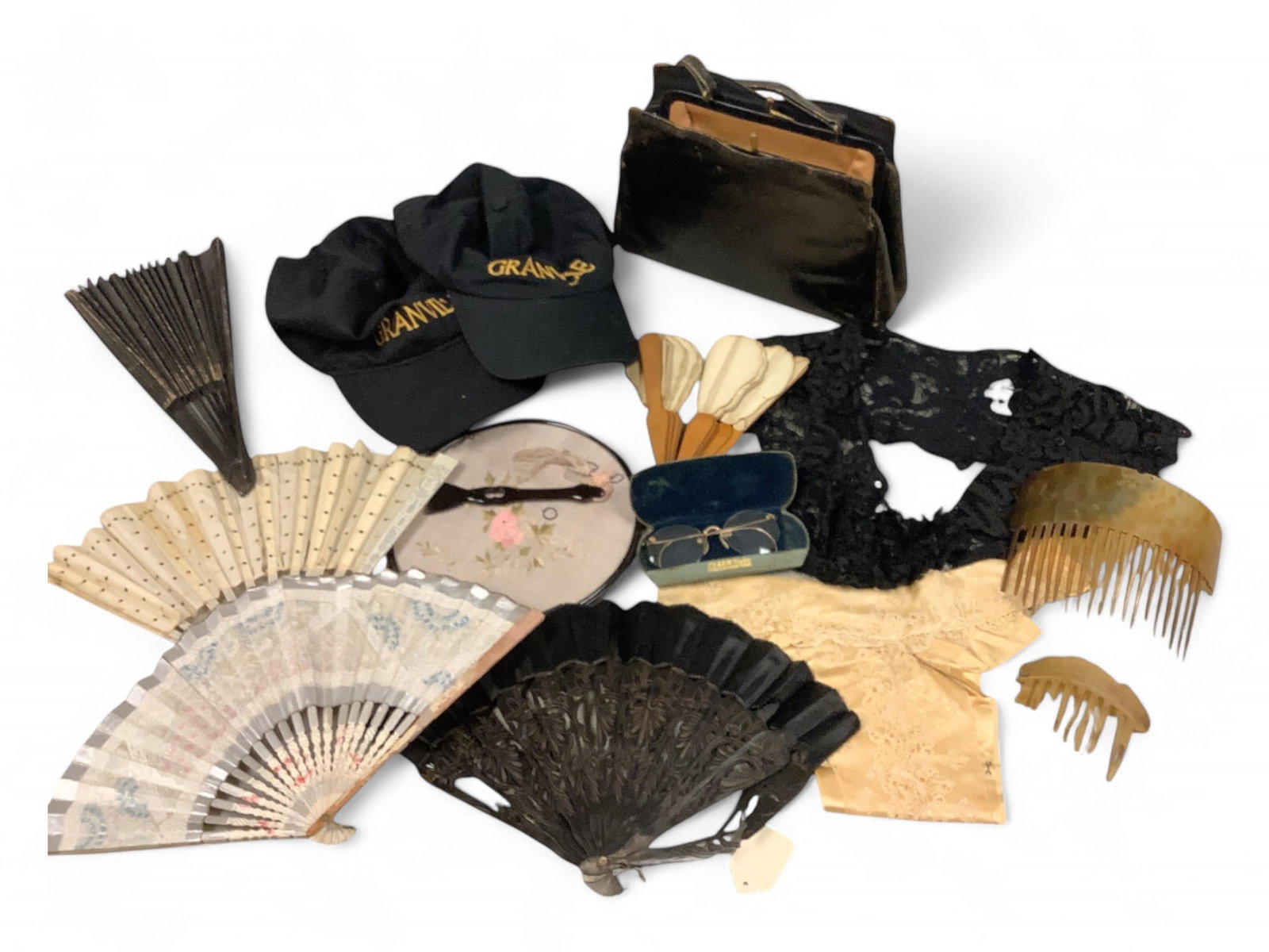 Vintage Fans, Leather Purse, Lace Collar, Hair Comb, Glasses: Vintage Fans, Leather Purse, Lace Collar, Hair Comb, Glasses Also includes (2) Granville ball caps