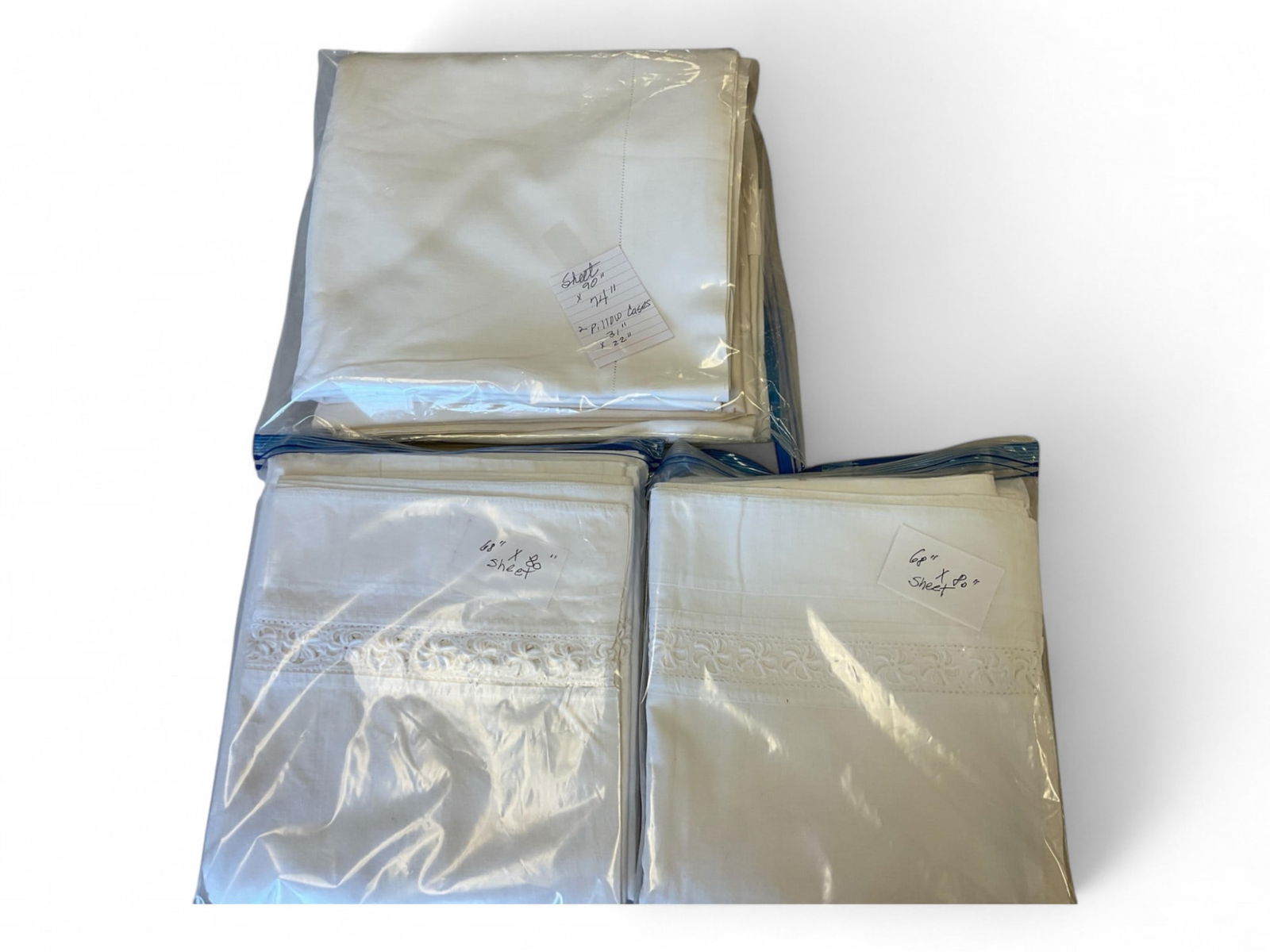 Vintage Hand Embroidered Linens: Vintage Hand Embroidered LinensSheet 68" x 80", sheet 68" x 80" , sheet 90 x 74" with 2 pillow cases 31" x 22"