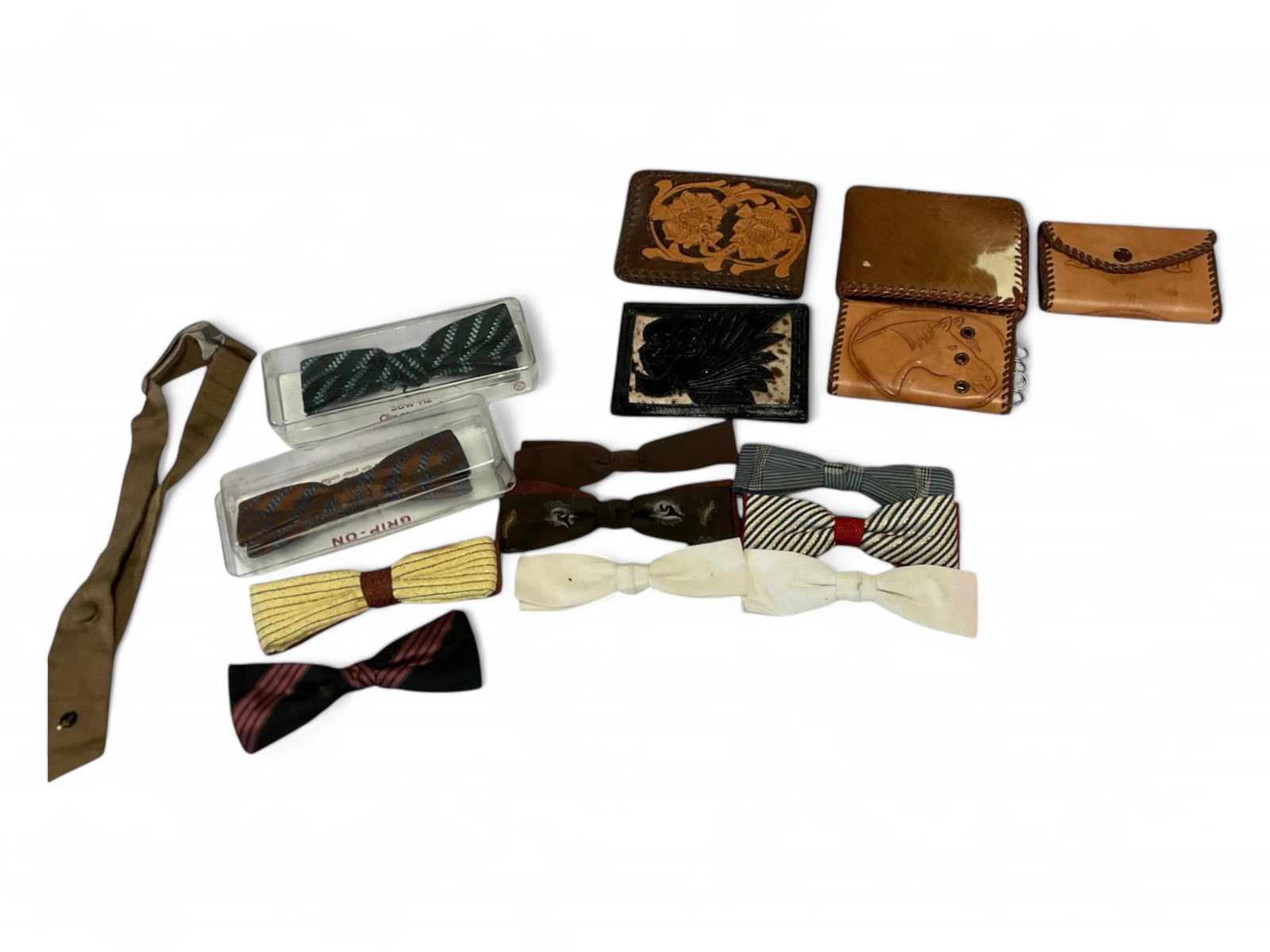 Western Bow Clip on Ties and Leather Cover Wallets and Key Covers.: Western Bow Clip on Ties and Leather Cover Wallets and Key Covers.