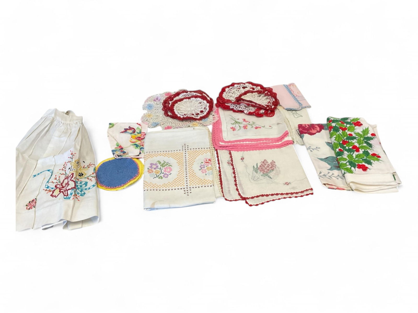 Variety of table linens, Crocheted Dollies Embroidered Apron (1 of 5)