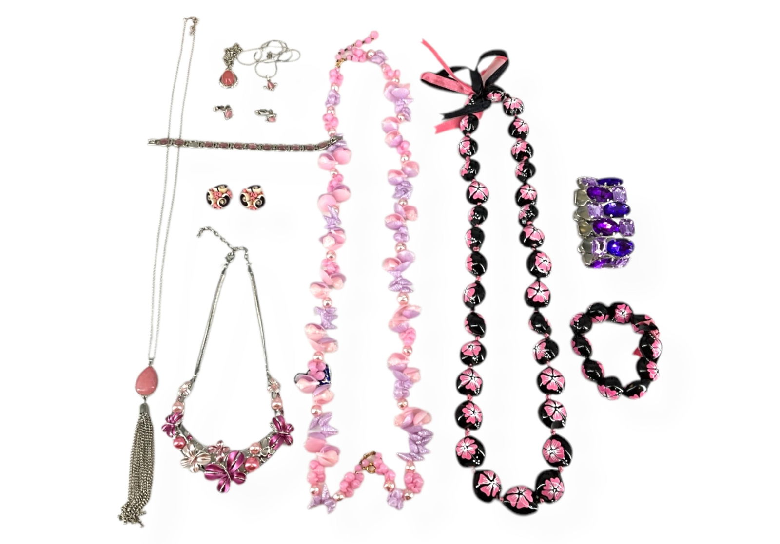 Pretty Lot with Large Painted Floral Necklace & Matching Bracelet, Silver-Tone Fashion Necklace with: Pretty Lot with Large Painted Floral Necklace & Matching Bracelet, Silver-Tone Fashion Necklace with Pink Enamel Flowers, Pink & Purple Shell-Themed Necklace, Shell Earrings, Purple & Pink Big Fashion