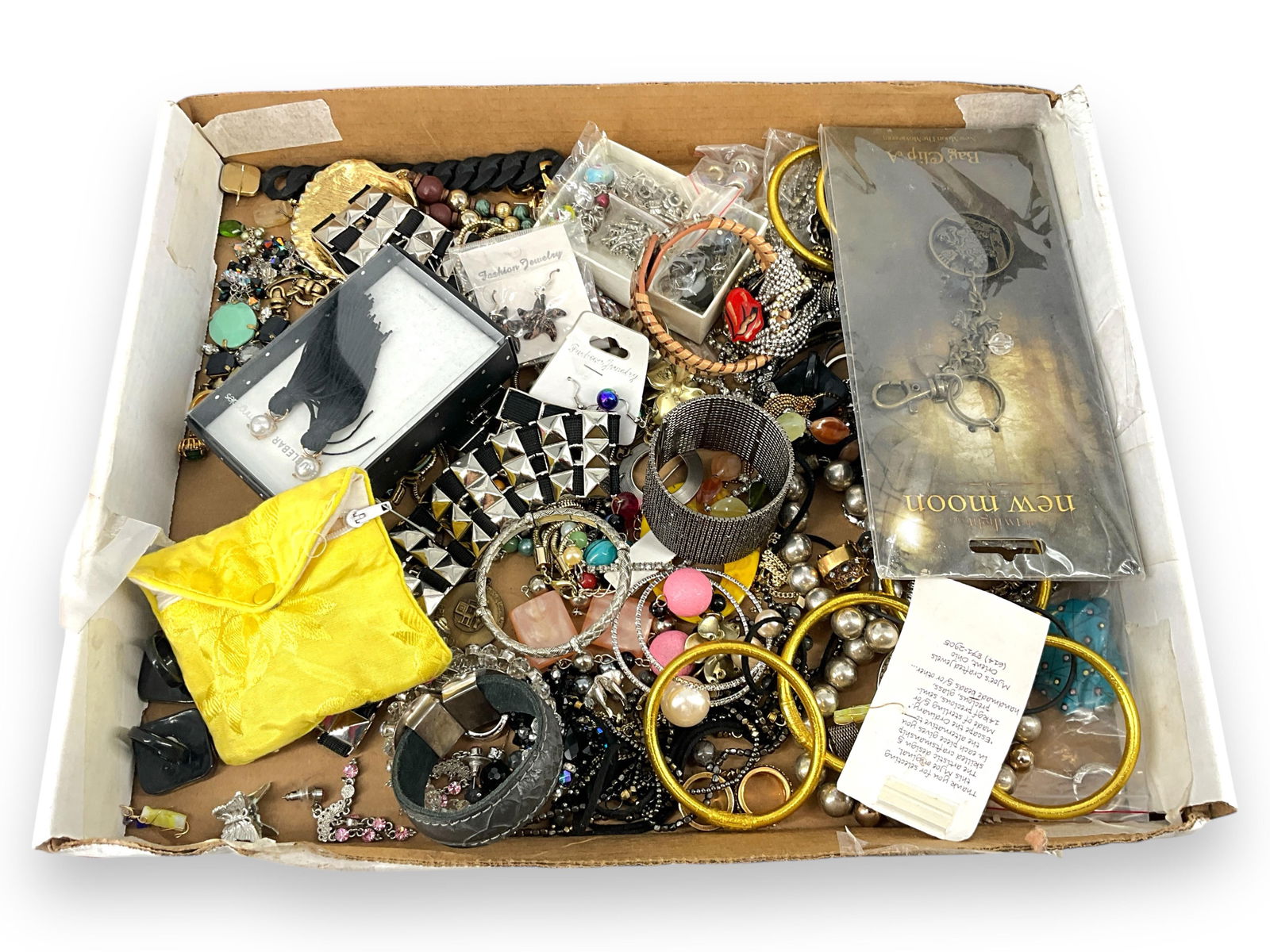 Fashion Jewelry & Accessories: Fashion Jewelry & AccessoriesGold tone costume bangles, pair of silver tone metal heart-shaped earrings with faux pearls, chain dangle earrings with crystal rounds, leather bracelet, silver tone mesh