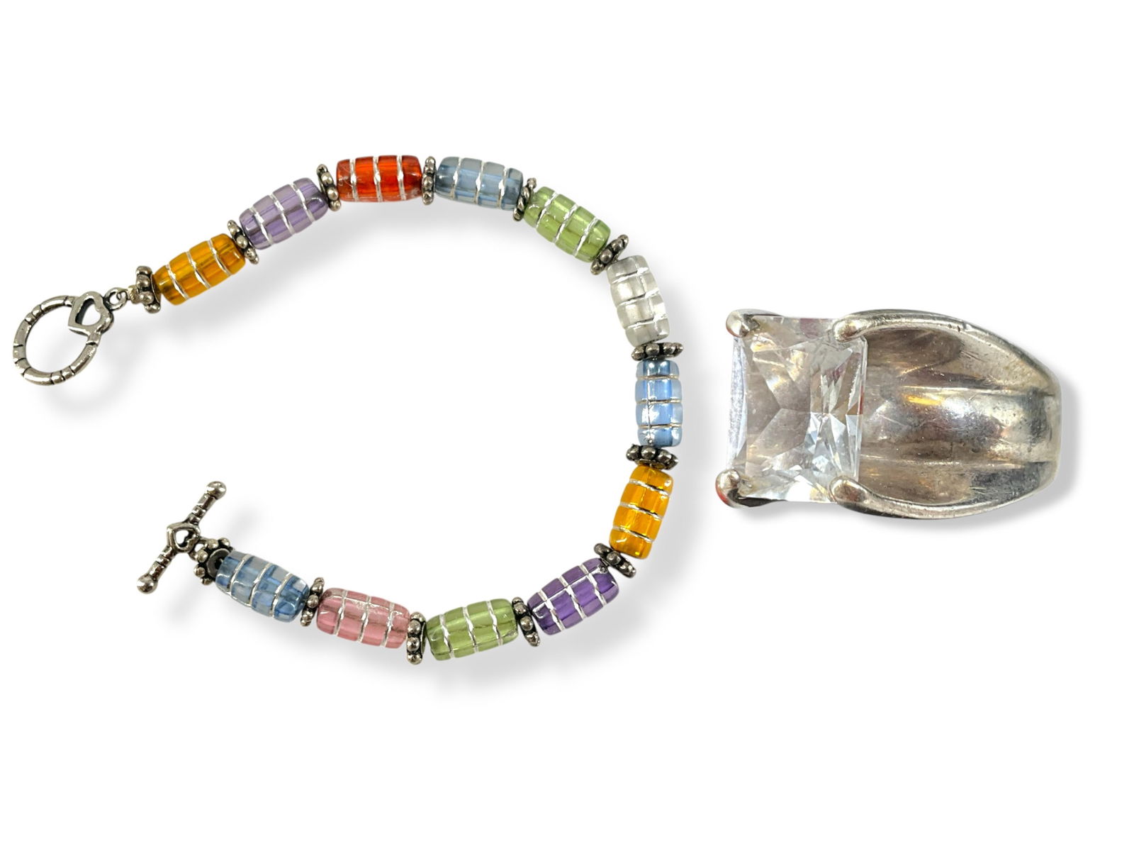Silver Ring w/Raised Clear Stone and Silver-Tone Multi-Color Toggle Bracelet (1 of 10)