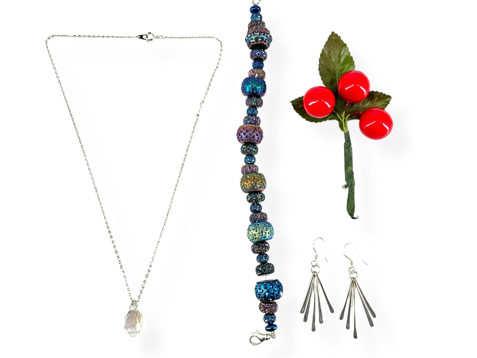 "Cherries" Pin, Crystal Pendant, Silver Fringe Earrings, Sparkly Fashion Bracelet (1 of 7)