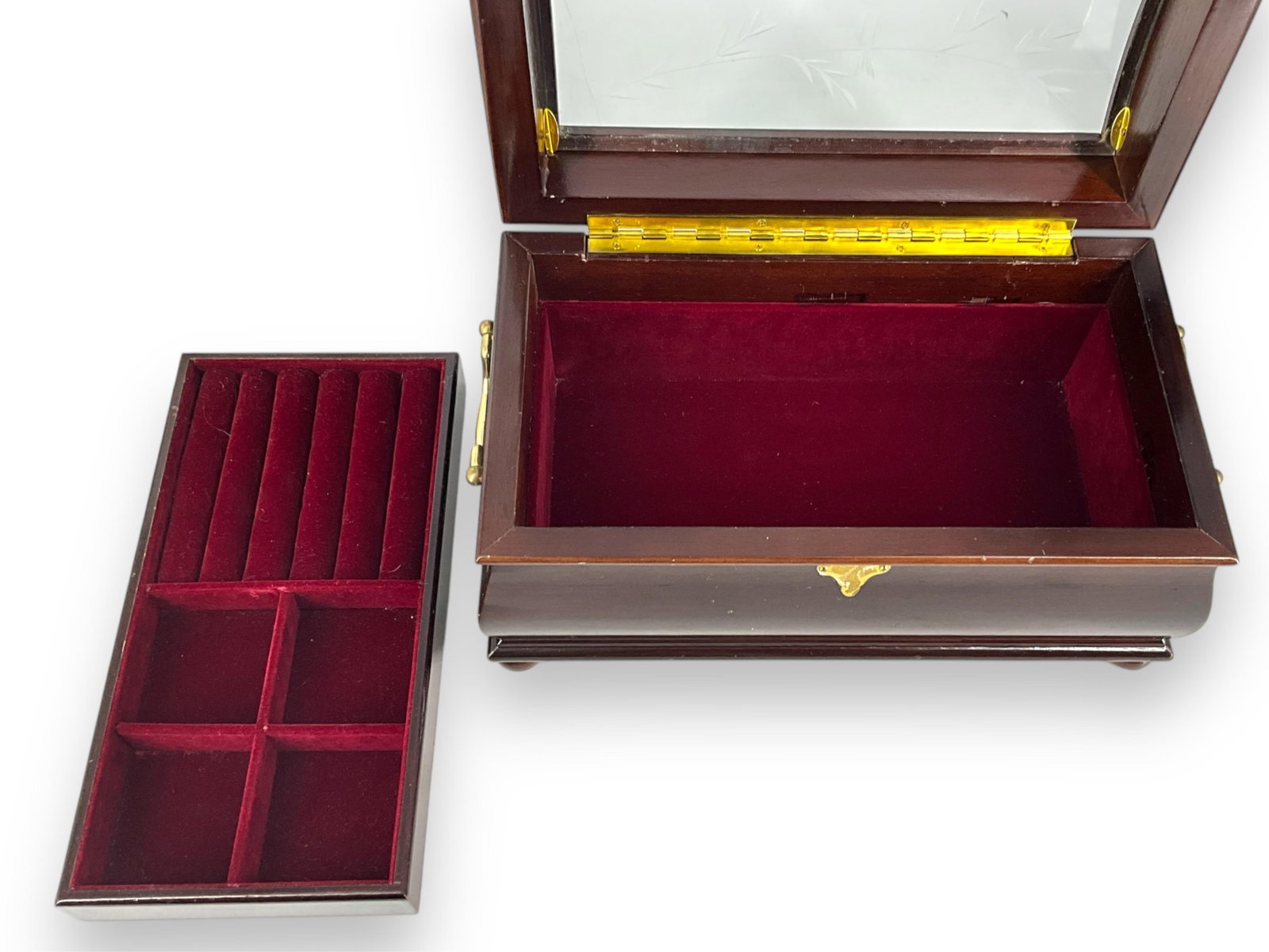 Dark Wood Jewelry Box w/Glass Etched Top: Dark Wood Jewelry Box w/Glass Etched Top This dark wood jewelry box measures approximately 13" wide, 6 1/4" tall and 7" deep, box has a clear curved glass top which is etched with a bird & branch desi