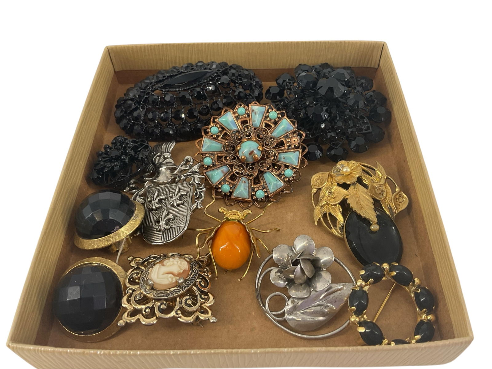 Vintage Black Beaded Brooches, Vintage Copper Pin, Gold-Filled Beetle Pin, Silver Flower Brooch,: Vintage Black Beaded Brooches, Vintage Copper Pin, Gold-Filled Beetle Pin, Silver Flower Brooch, Hallmarked "Coro" Cameo Pin and MoreLot has two vintage brooches with faceted black beads (likely glass