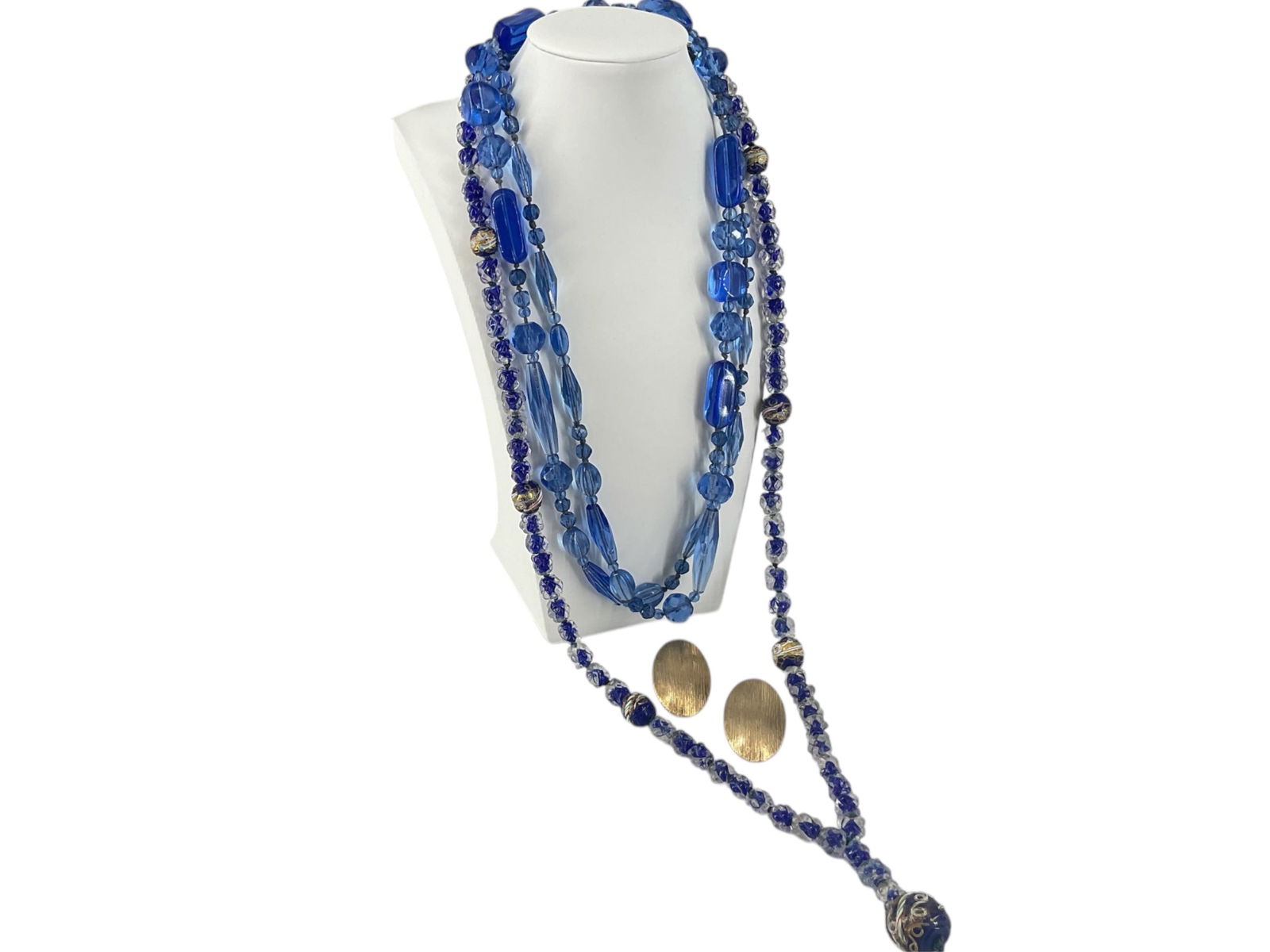 Two Vintage Glass Beaded Necklaces (One Hand-Painted) & Signed "Coro" Earrings: Two Vintage Glass Beaded Necklaces (One Hand-Painted) & Signed "Coro" EarringsFirst vintage necklace has medium-blue glass beads in a mixture of cuts and shapes @ 44" long - the second necklace has in