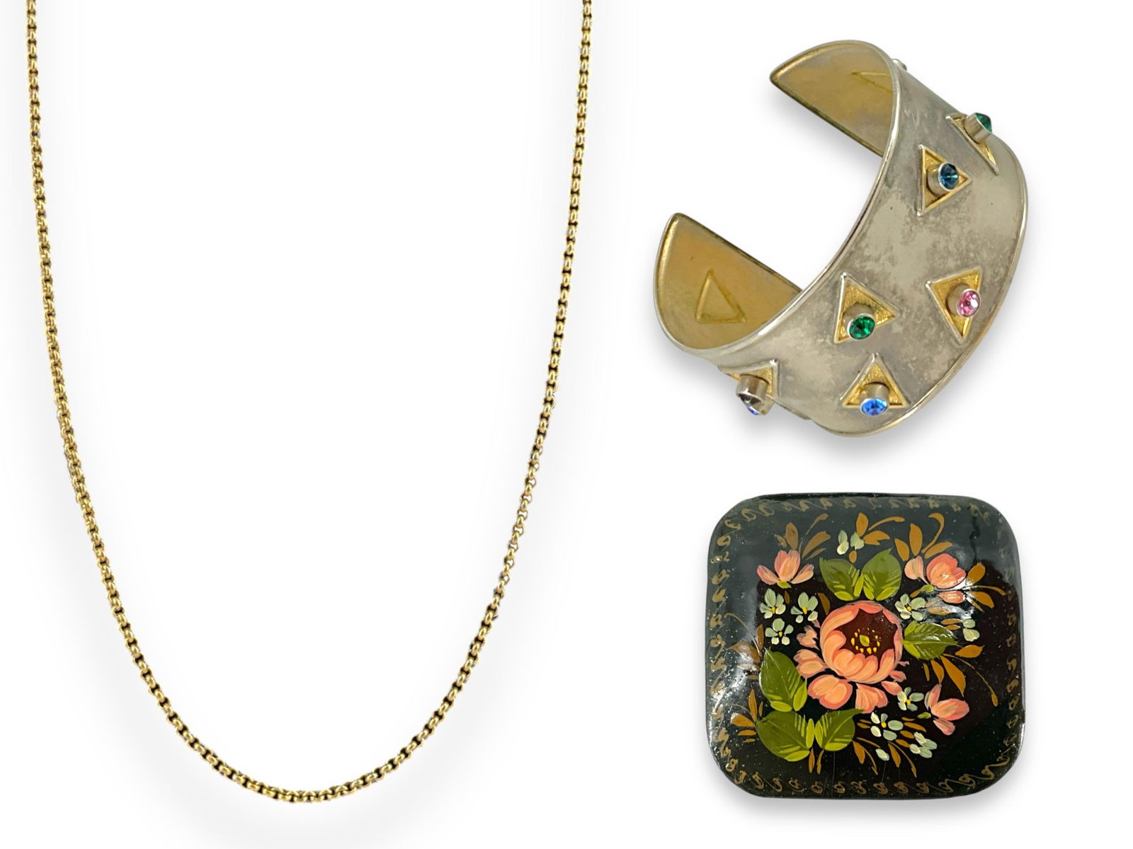 Branded "Nuri" Bracelet, Hand-Painted & Signed Russian Brooch and Nice, Signed "Monet" Chain (1 of 8)