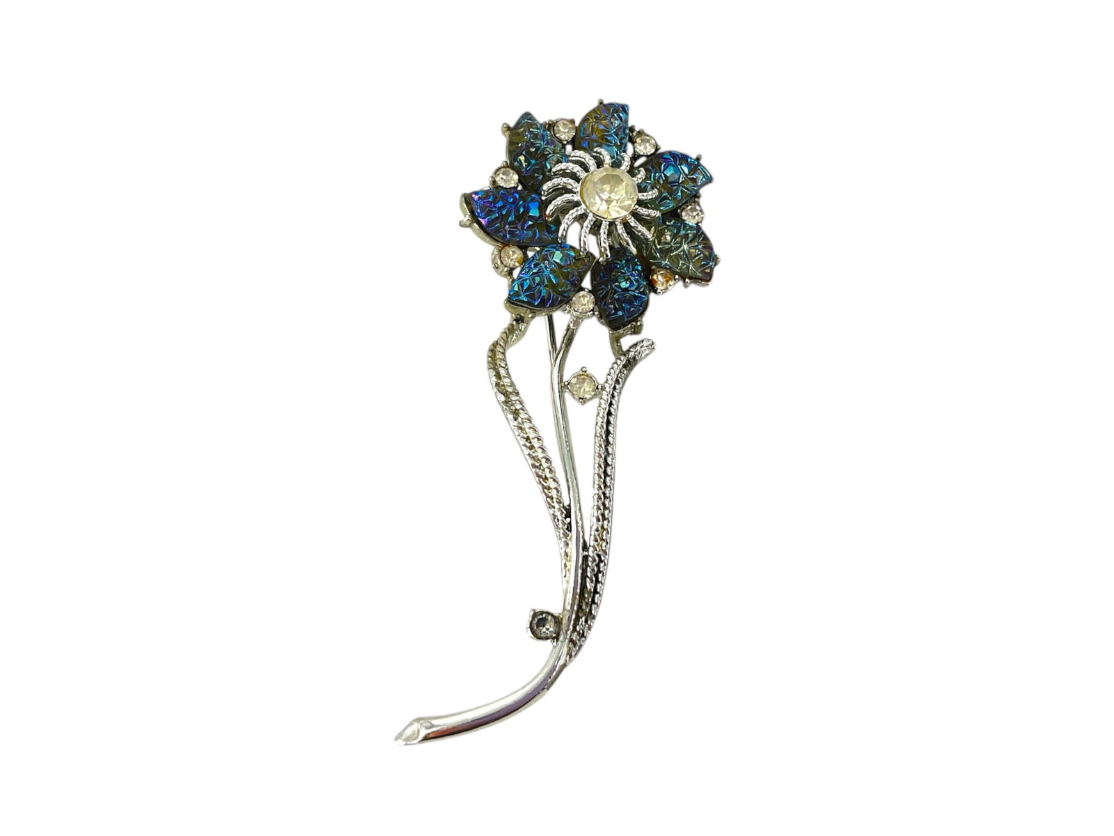 Brooch from Coro: Brooch from CoroSigned on the reverse, 88.5mm in size, base metal composition, floral design with molded glass bead leaves, vintage - retro age.