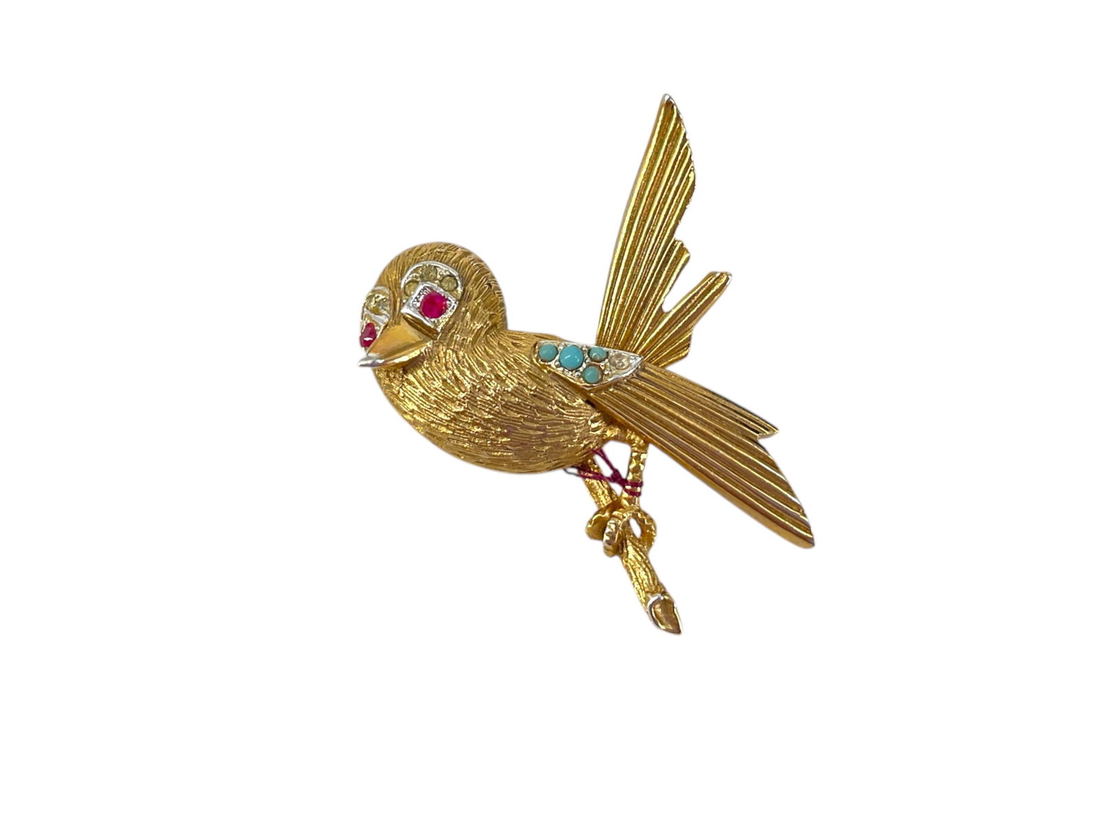 Brooch from Coro: Brooch from CoroSigned on the reverse, 44.5mm in size, base metal composition, missing bead, bird motif, figural design, very charming, vintage - retro age.