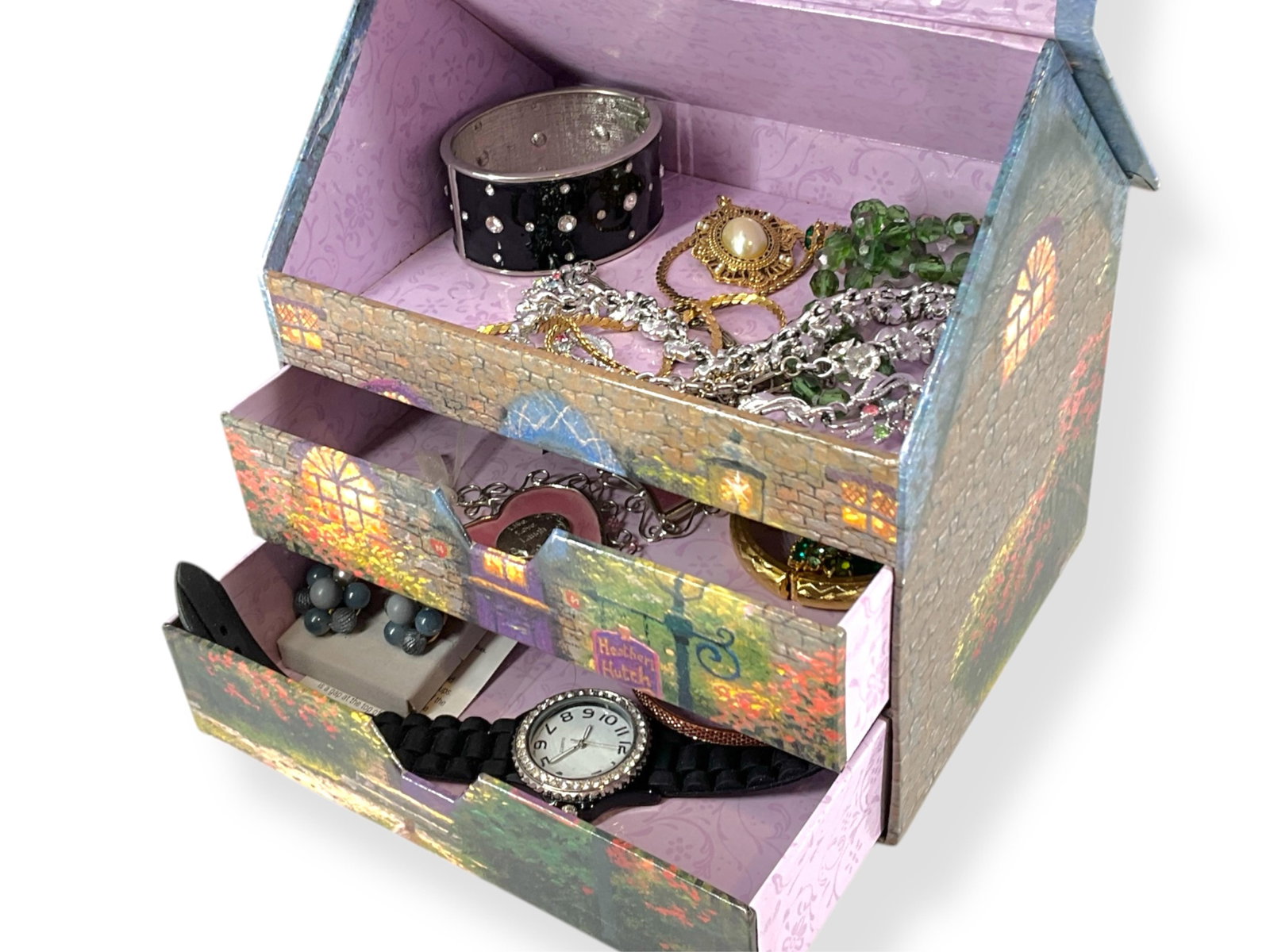 Cardboard Box Designed as a House, Quartz Fashion Watch, Stained Glass Ornaments, Vintage Fashion: Cardboard Box Designed as a House, Quartz Fashion Watch, Stained Glass Ornaments, Vintage Fashion Jewelry Cardboard box designed as a house is approx 7 1/2" tall, 7 1/2" wide and 5 1/2" deep, the "roo