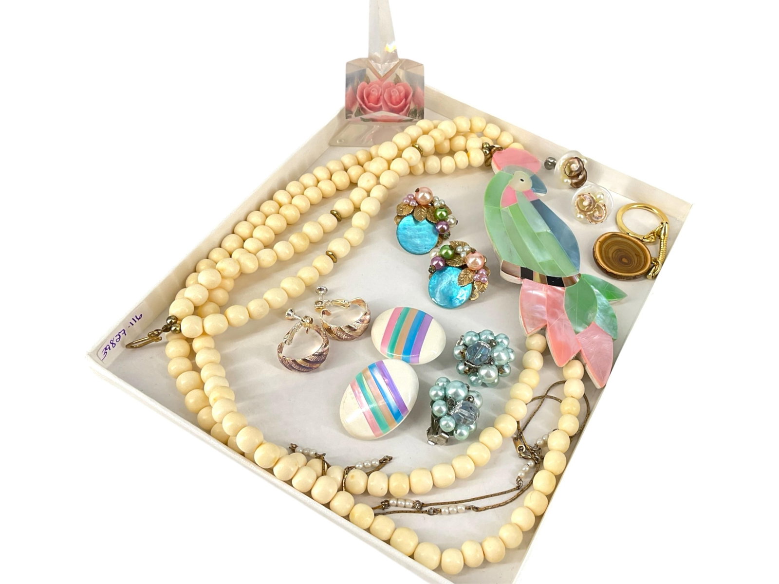 Showy Mother-of-Pearl Parrot Necklace & Matching Earrings, Fashion Earrings Signed "Napier," and: Showy Mother-of-Pearl Parrot Necklace & Matching Earrings, Fashion Earrings Signed "Napier," and More Lot contains a necklace @ approx 26" long featuring a vibrant pastel-color inlaid mother-of-pearl 