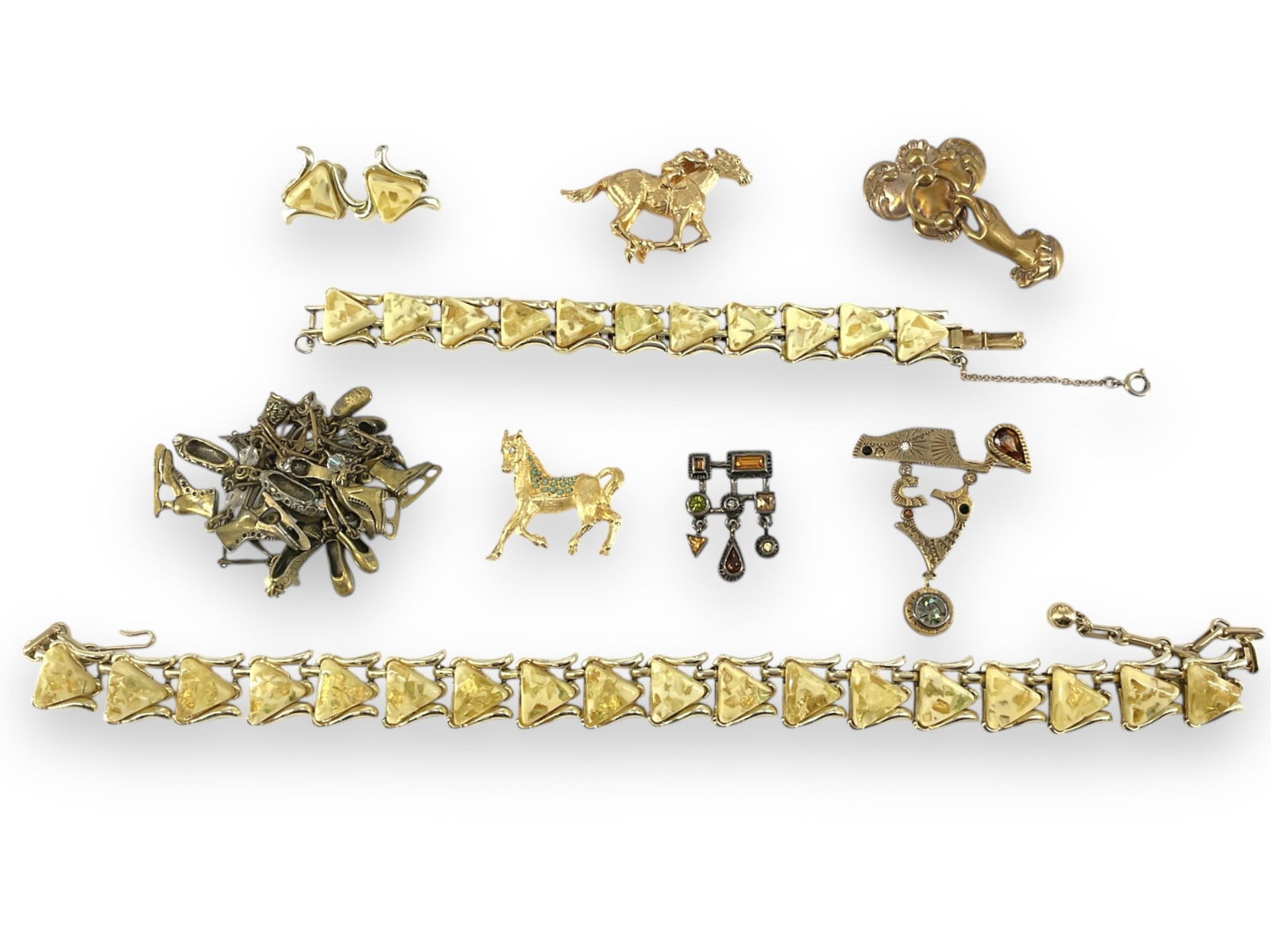 Horse Brooches, Brooch Signed "Patricia Locke," Necklace Signed "Sweet Romance," Signed "Coro": Horse Brooches, Brooch Signed "Patricia Locke," Necklace Signed "Sweet Romance," Signed "Coro" Jewelry and MoreLot features two gold-tone horse brooches, one is approx 2" wide, is signed "Napier" and