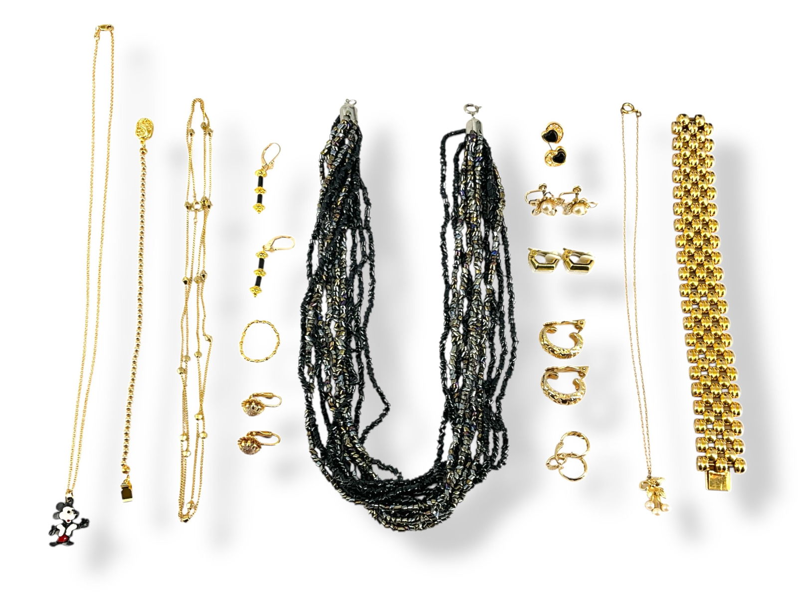 Black Sparkling Torsade Fashion Necklace, Disney Mickey Mouse Pendant, Gold-Tone Earrings, Heavy (1 of 11)