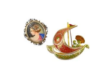 Vintage Hand-Painted Pin/Pendant in Silver, Decorative Vintage Boat Pin from Spain