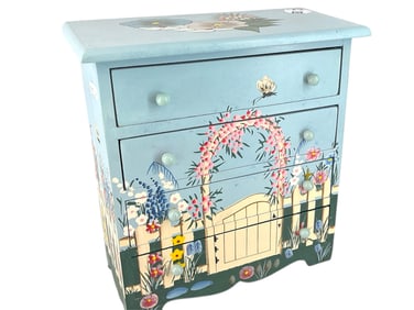 Sweet Floral Painted Jewelry Box in Wood and Contents