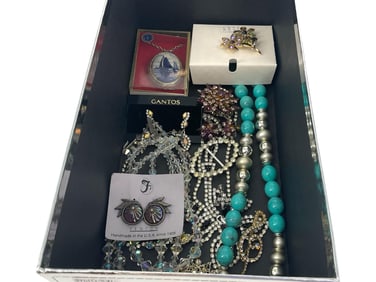 Box of Fashion Jewelry Including Fenton Glass Earrings, Iridescent Crystal Pieces, Delft Locket from