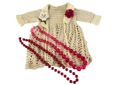 Darling Vintage Crocheted Child's Sweater, Vintage Flower Pins and Pink Bead Necklaces