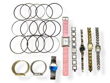 Miscellaneous Ladies Quartz Watches & 15 Fashion Bangle Bracelets in Shades of Bronze for Stacking