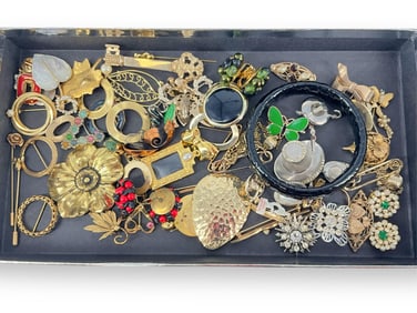 Vintage Mother-of-Pearl Leaf Pin, Gold-Filled Chain Necklace, Picture Locket Pin, Beetle Pin Marked