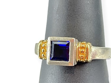 Sterling Silver 14kt Yellow Gold & Synthetic Sapphire Ring