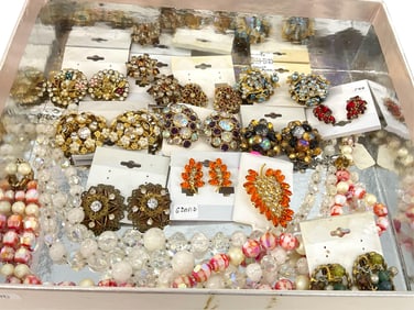 10 Pair of Vintage Clip-Back Earrings, Stamped "Castlecliff" Two-Strand Necklace w/Original Tags,