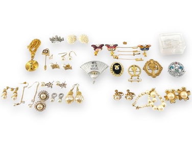 Small 14k Freshwater Pearl Hoop Earrings, Vintage Gold-Plated Society Pins, Over 10 Pair Faux Pearl