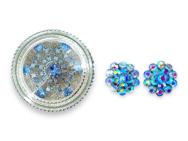 Unique Glass Paperweight w/Vintage Brooch Center for the Collector and Vintage Blue Iridescent