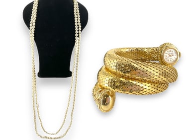 Vintage Coiled Gold-Tone Watch Bracelet - Works - Plus, Extra Long Strand of Faux Pearls