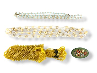 Three Vintage Hand Beaded Necklaces & Vintage Micro-Mosaic Brooch