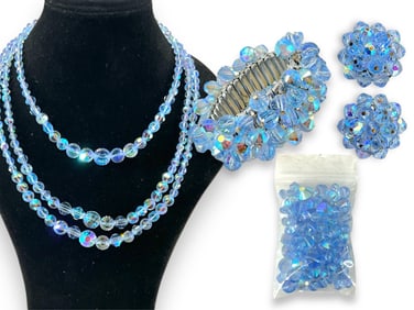 Pretty Blue Iridescent Bead Necklace, Bracelet and Earrings