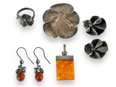 Older Silver & Amber Pendant and Earrings, Vintage Silver Flower Brooch, Earrings & Ring