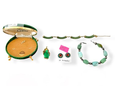 Two Jade Bracelets (One w/Silver Findings), Vintage Buddha Pin Signed "Ambassador," Vintage Italian